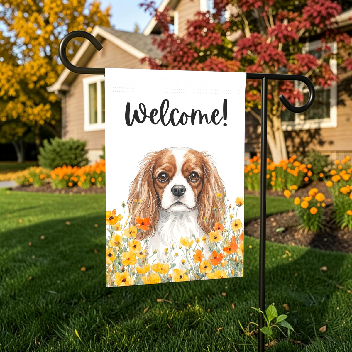 Yellow Poppies Cavalier King Charles Spaniel Welcome Garden Flag
