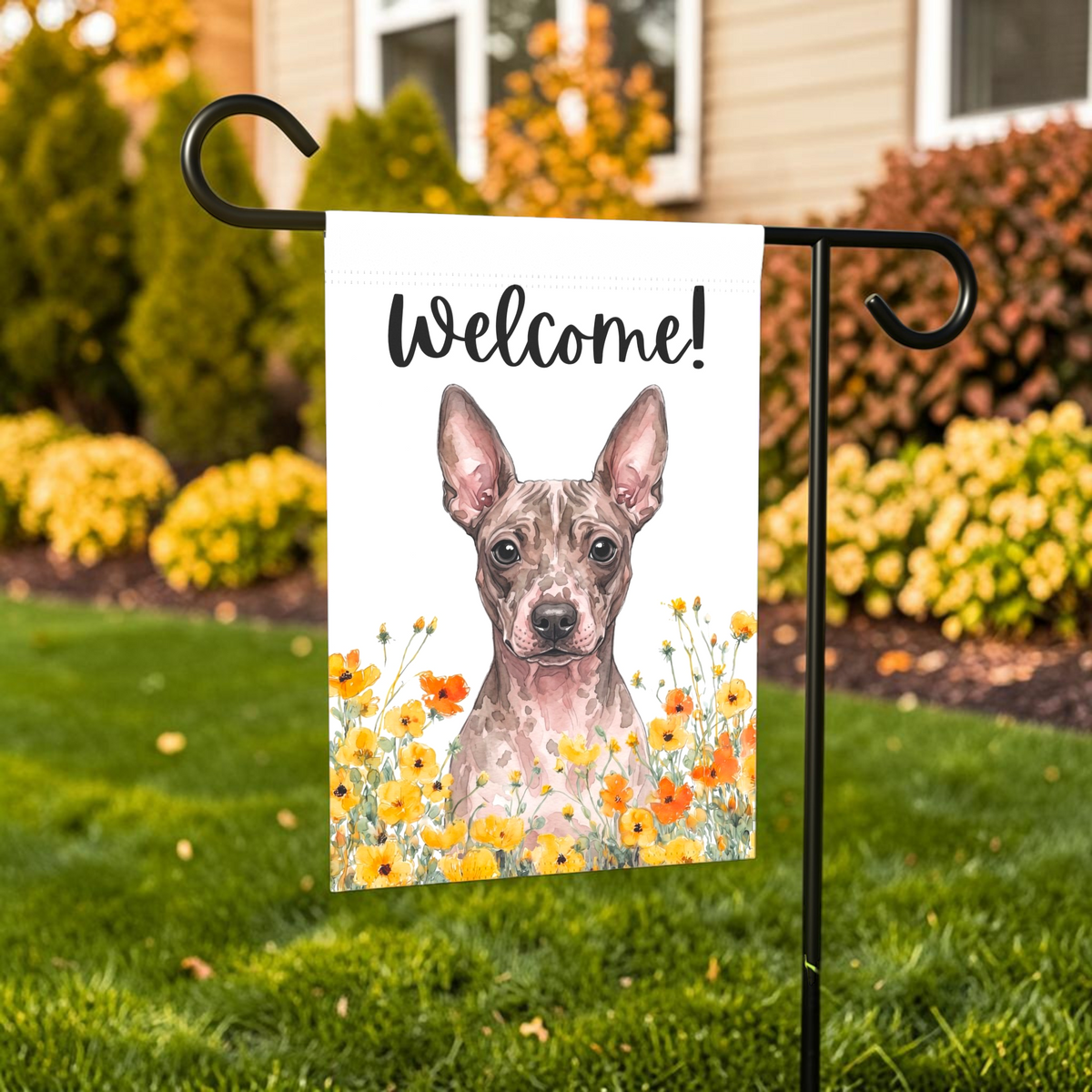 Yellow Poppies American Hairless Terrier Welcome Garden Flag