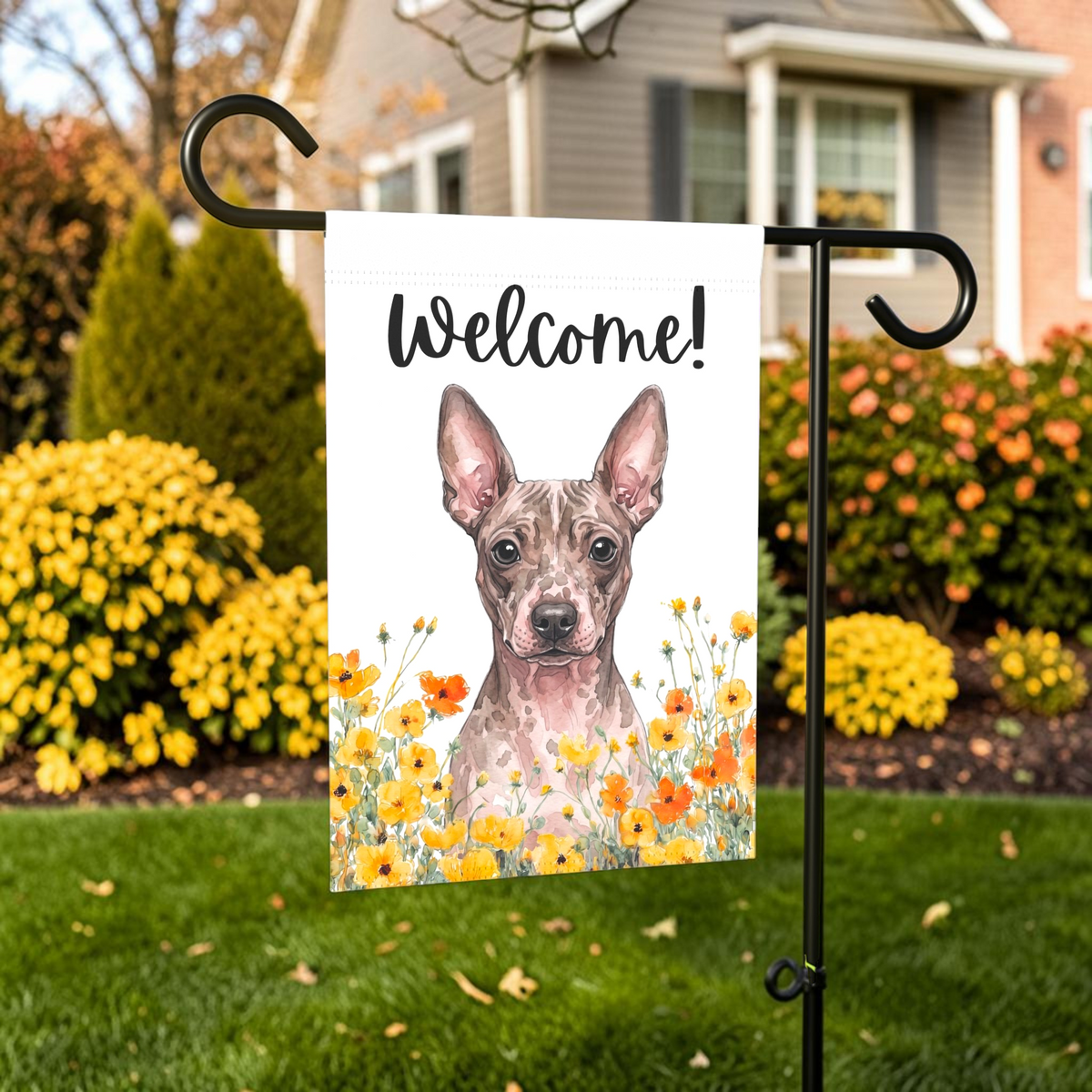 Yellow Poppies American Hairless Terrier Welcome Garden Flag