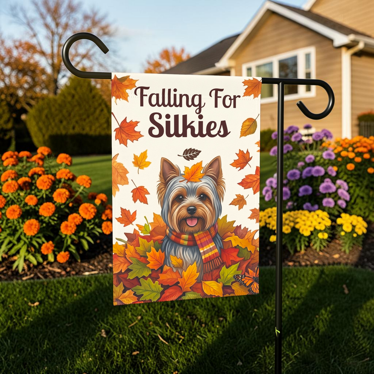 Falling For Silkies Silky Terrier Autumn Garden Flag