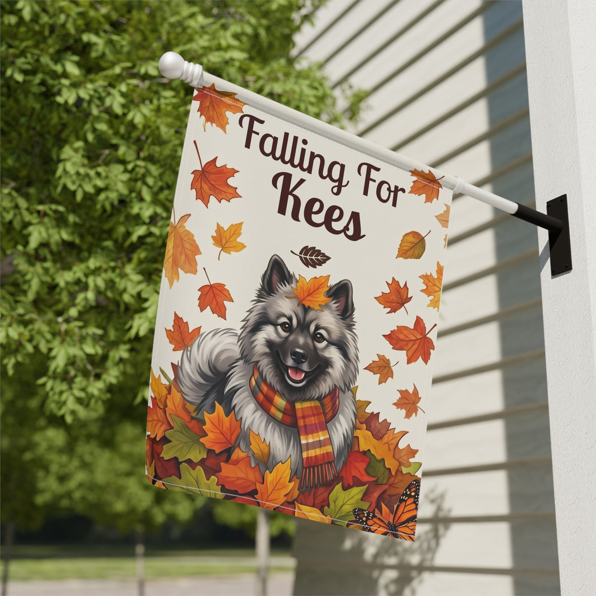 Falling For Kees Keeshond Autumn Garden Flag