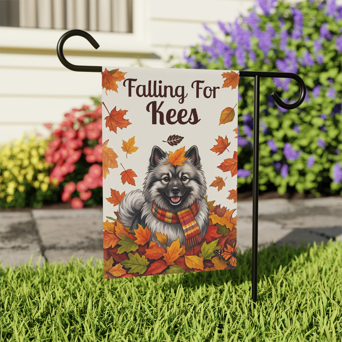 Falling For Kees Keeshond Autumn Garden Flag