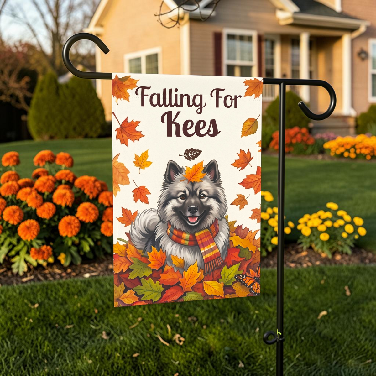 Falling For Kees Keeshond Autumn Garden Flag