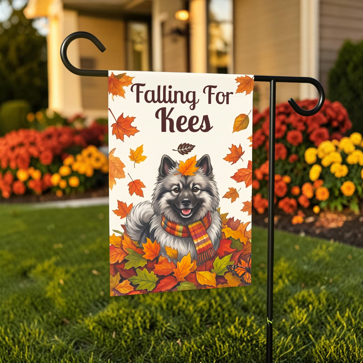 Falling For Kees Keeshond Autumn Garden Flag