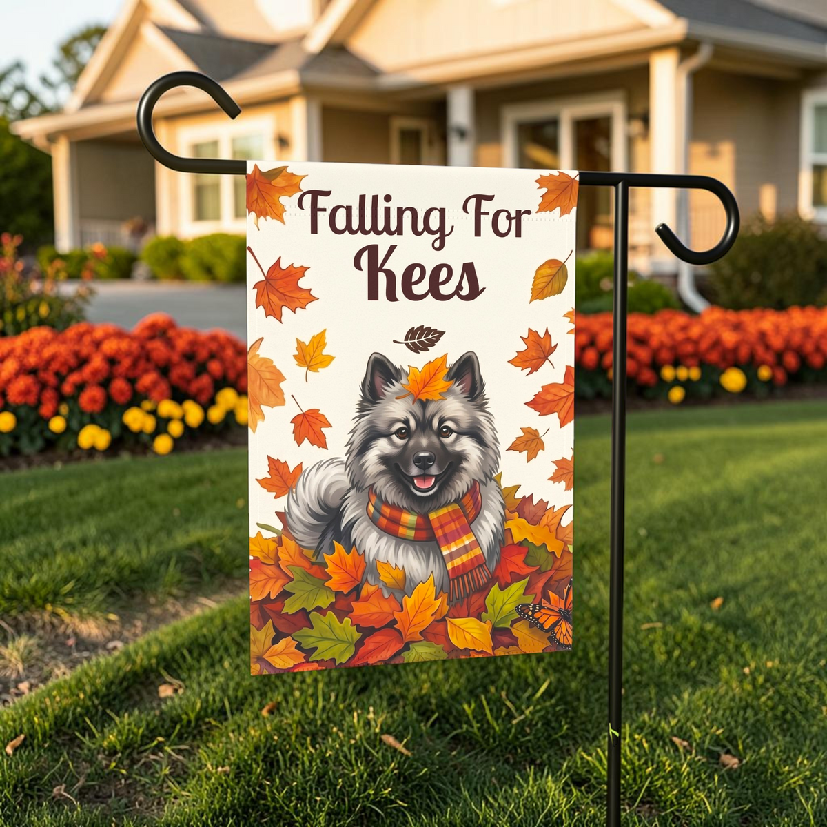 Falling For Kees Keeshond Autumn Garden Flag