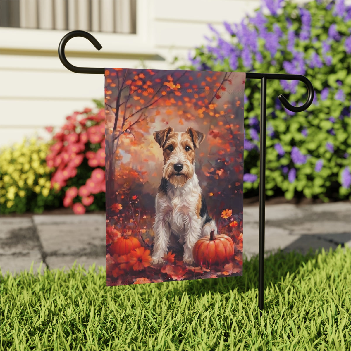 Fall Wire Fox Terrier With Pumpkins Autumn Garden Flag