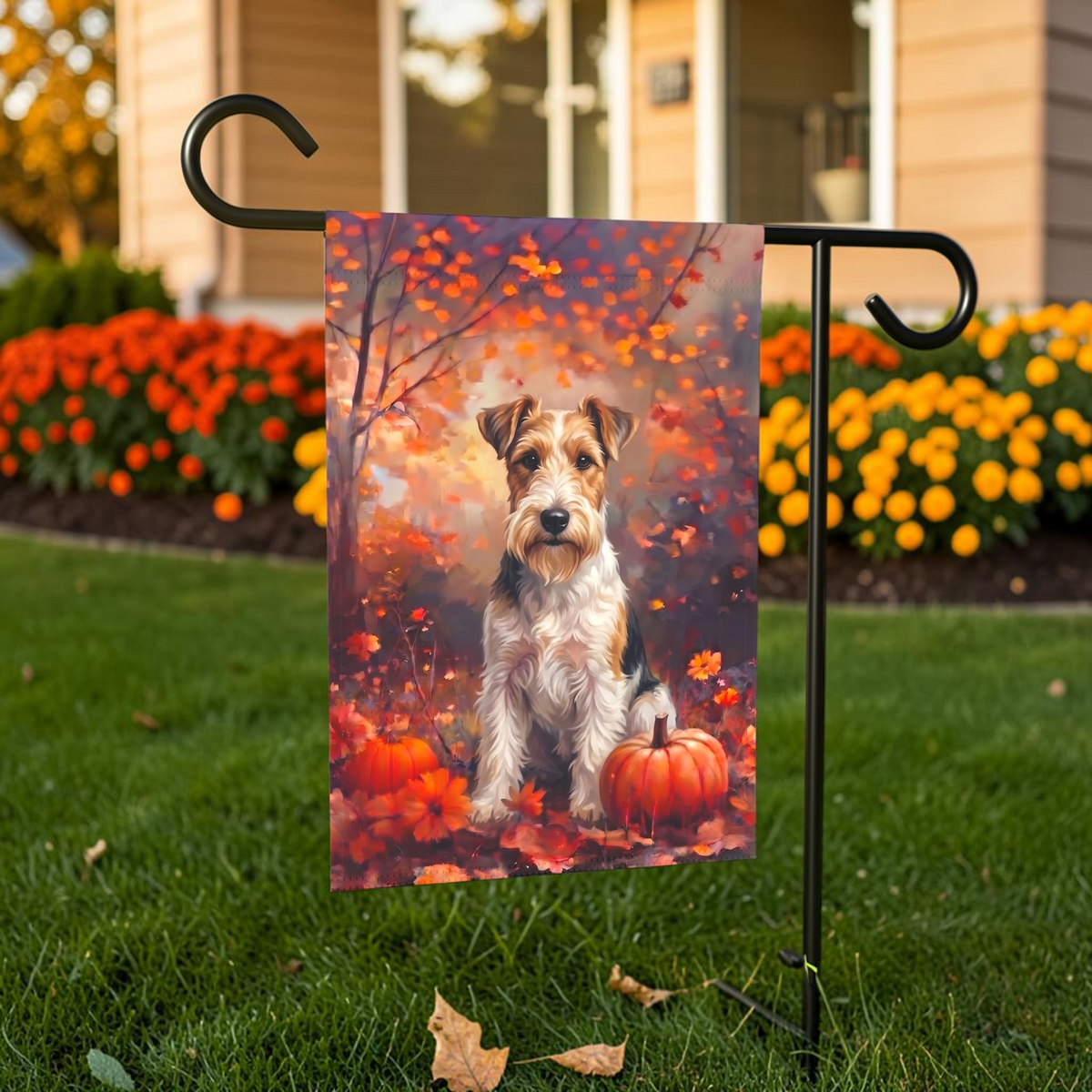Fall Wire Fox Terrier With Pumpkins Autumn Garden Flag