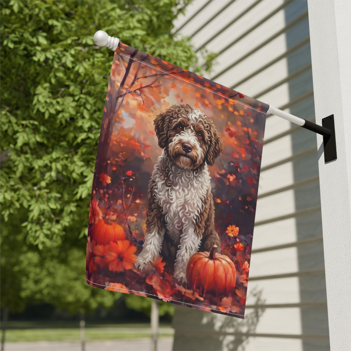 Fall Spanish Water Dog With Pumpkins Autumn Garden Flag