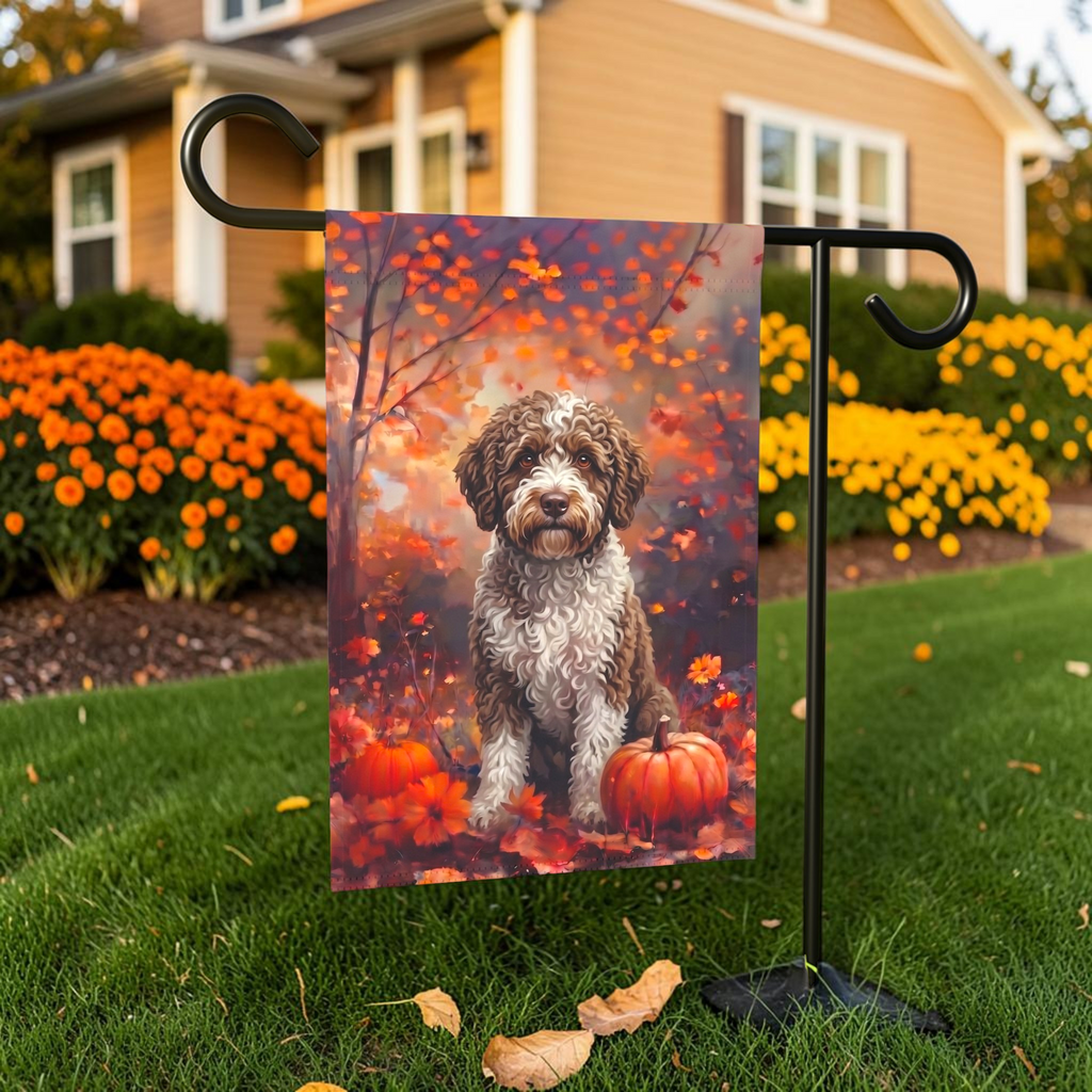 Fall Spanish Water Dog With Pumpkins Autumn Garden Flag