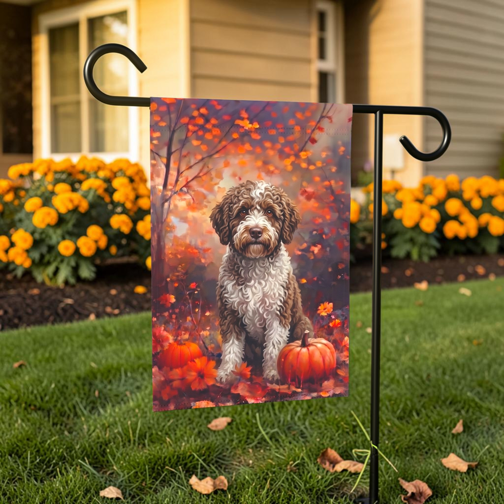 Fall Spanish Water Dog With Pumpkins Autumn Garden Flag