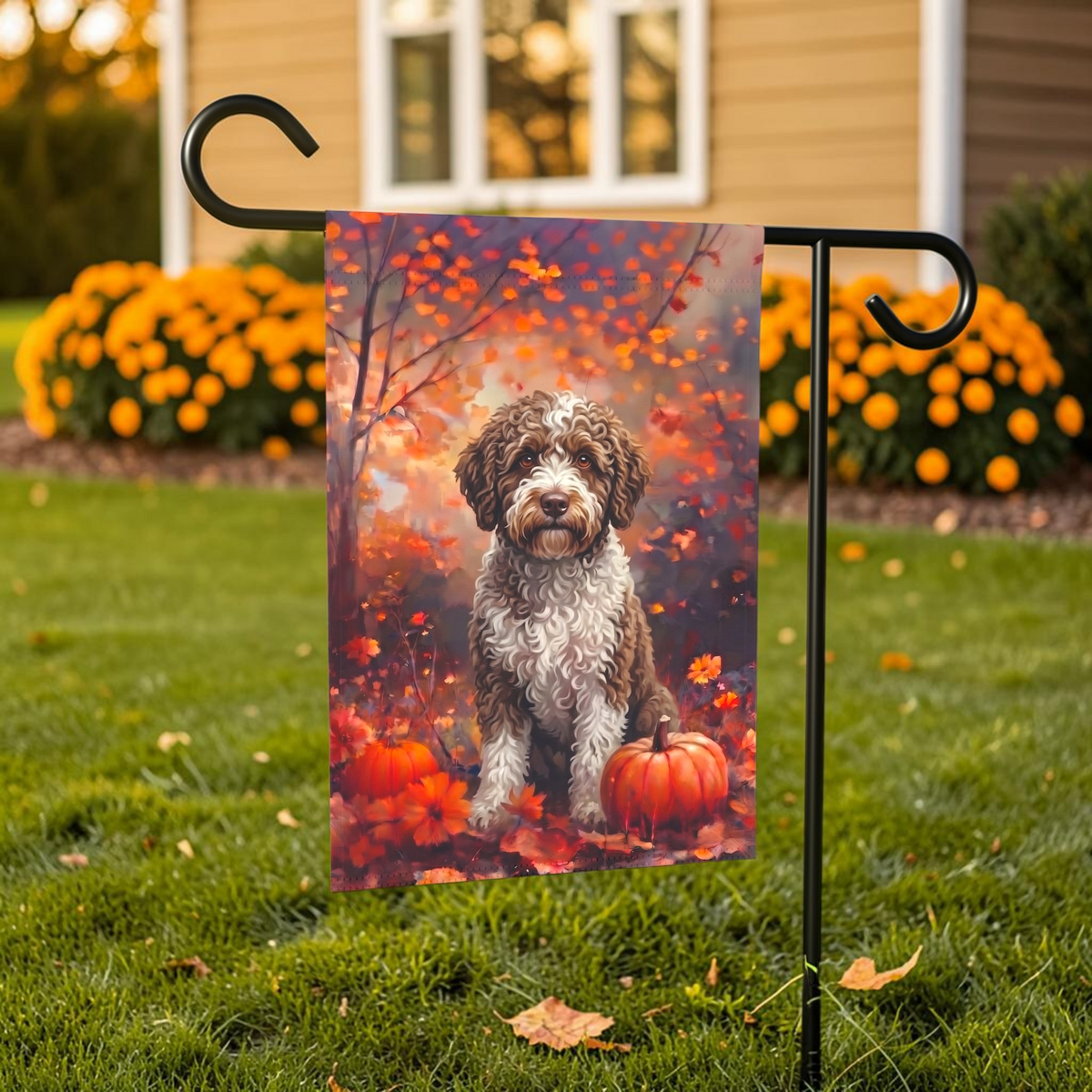 Fall Spanish Water Dog With Pumpkins Autumn Garden Flag