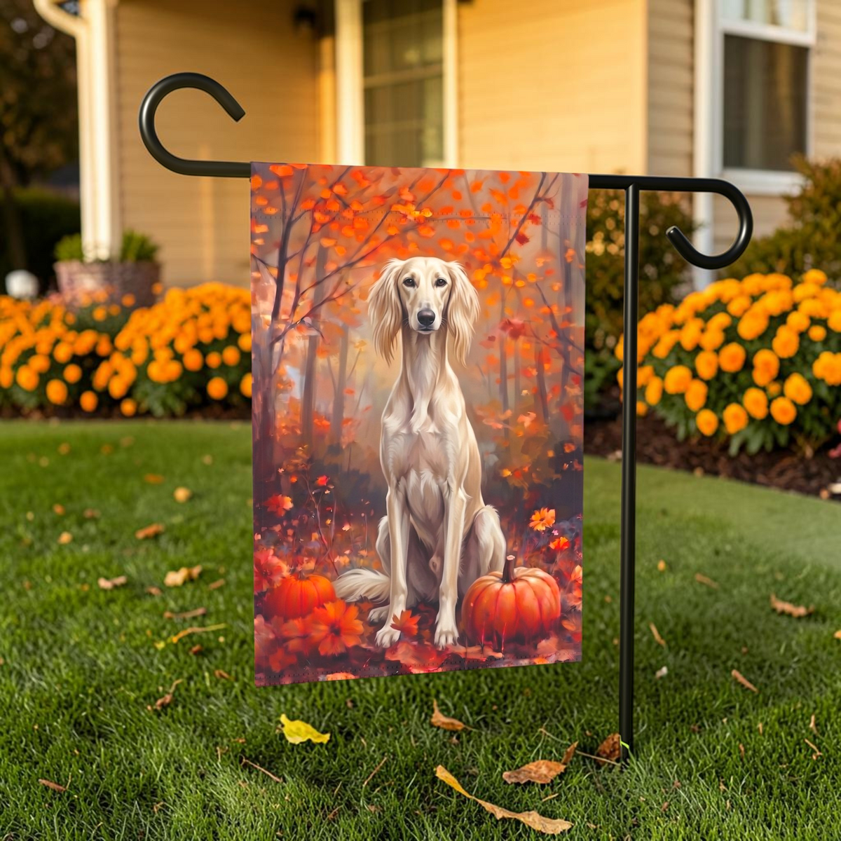 Fall Saluki With Pumpkins Autumn Garden Flag
