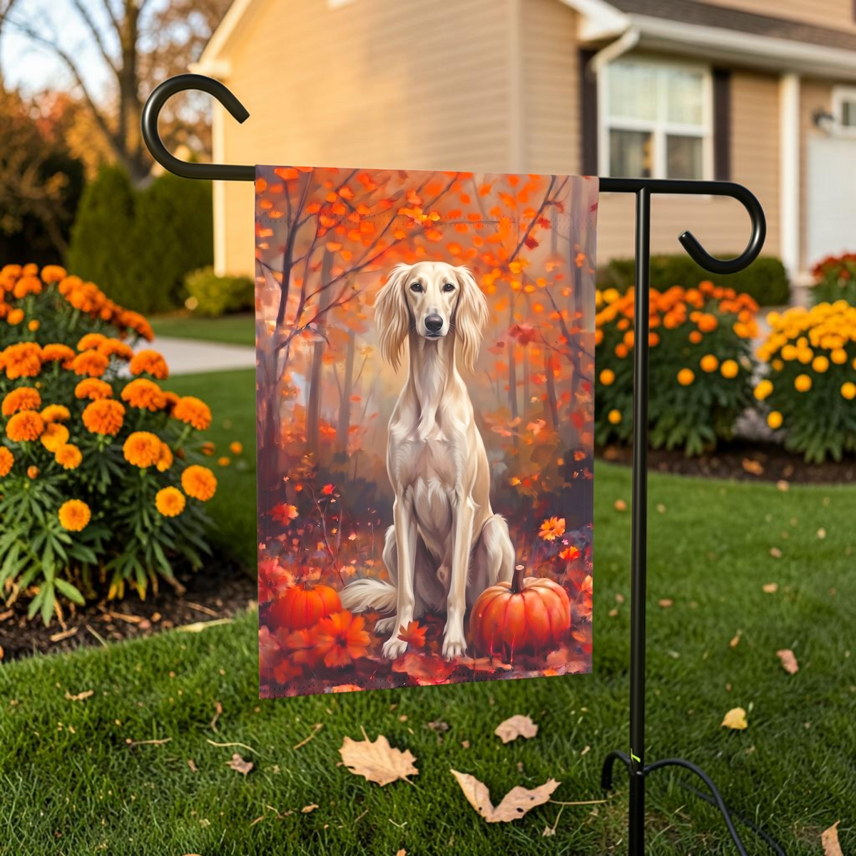 Fall Saluki With Pumpkins Autumn Garden Flag