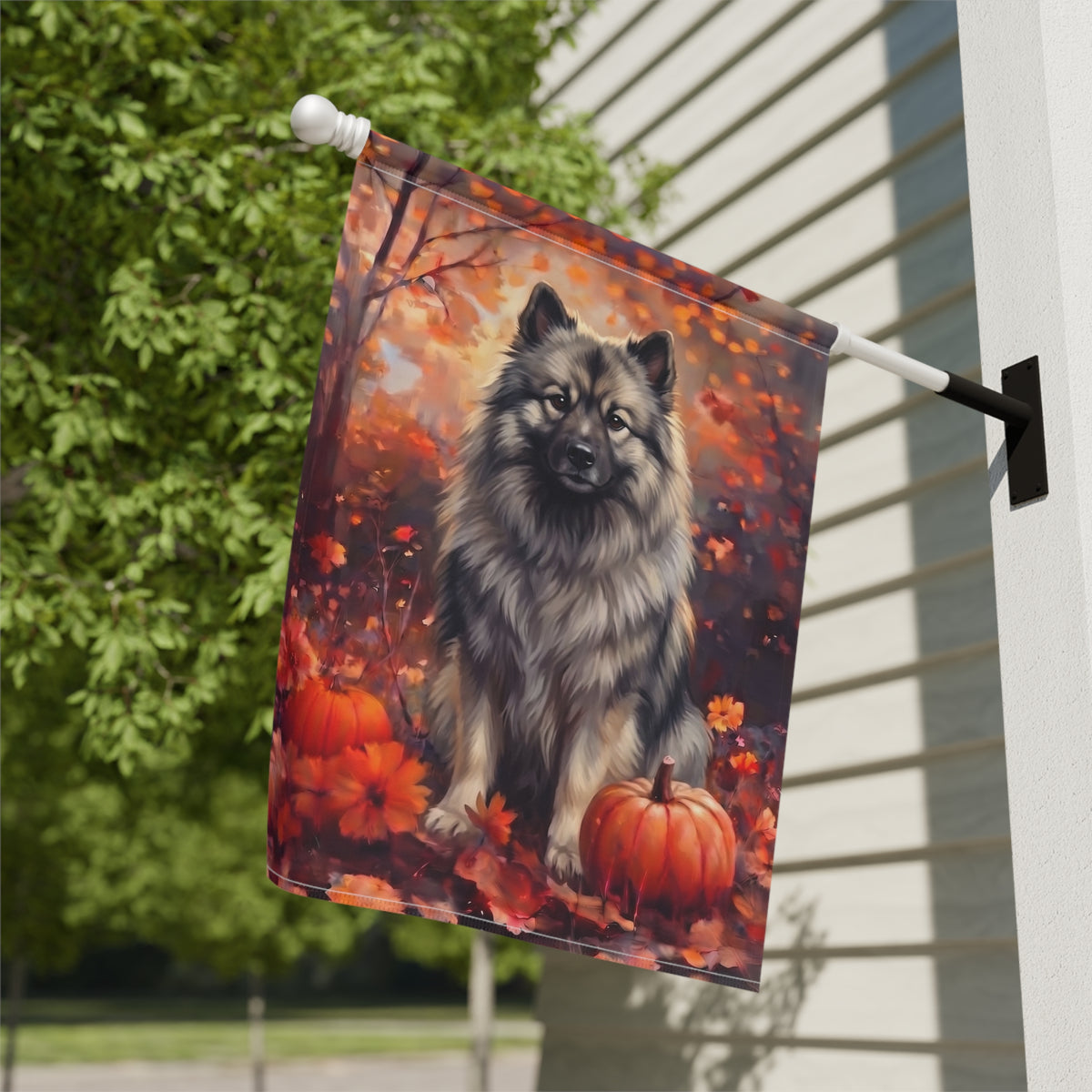 Fall Keeshond With Pumpkins Autumn Garden Flag