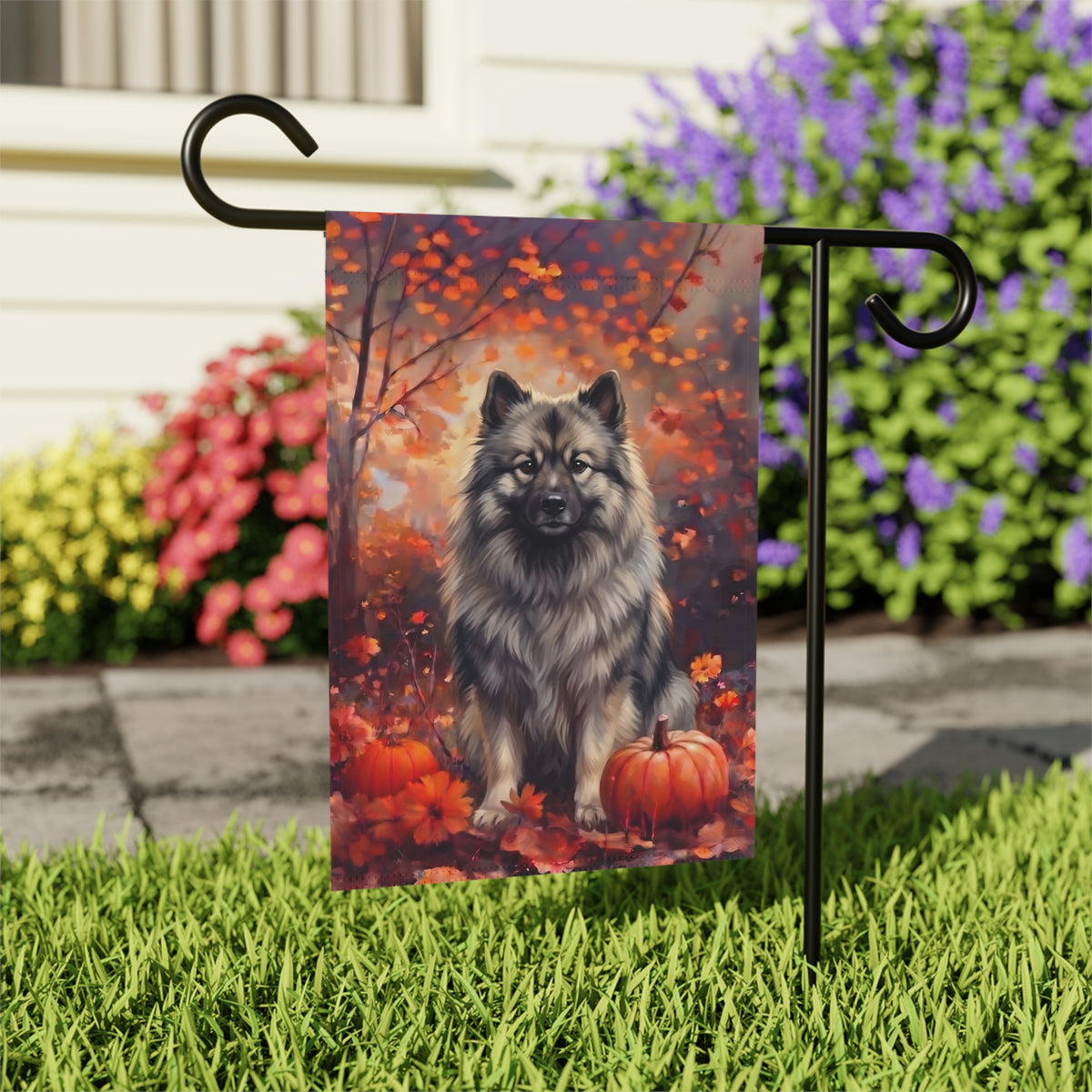 Fall Keeshond With Pumpkins Autumn Garden Flag