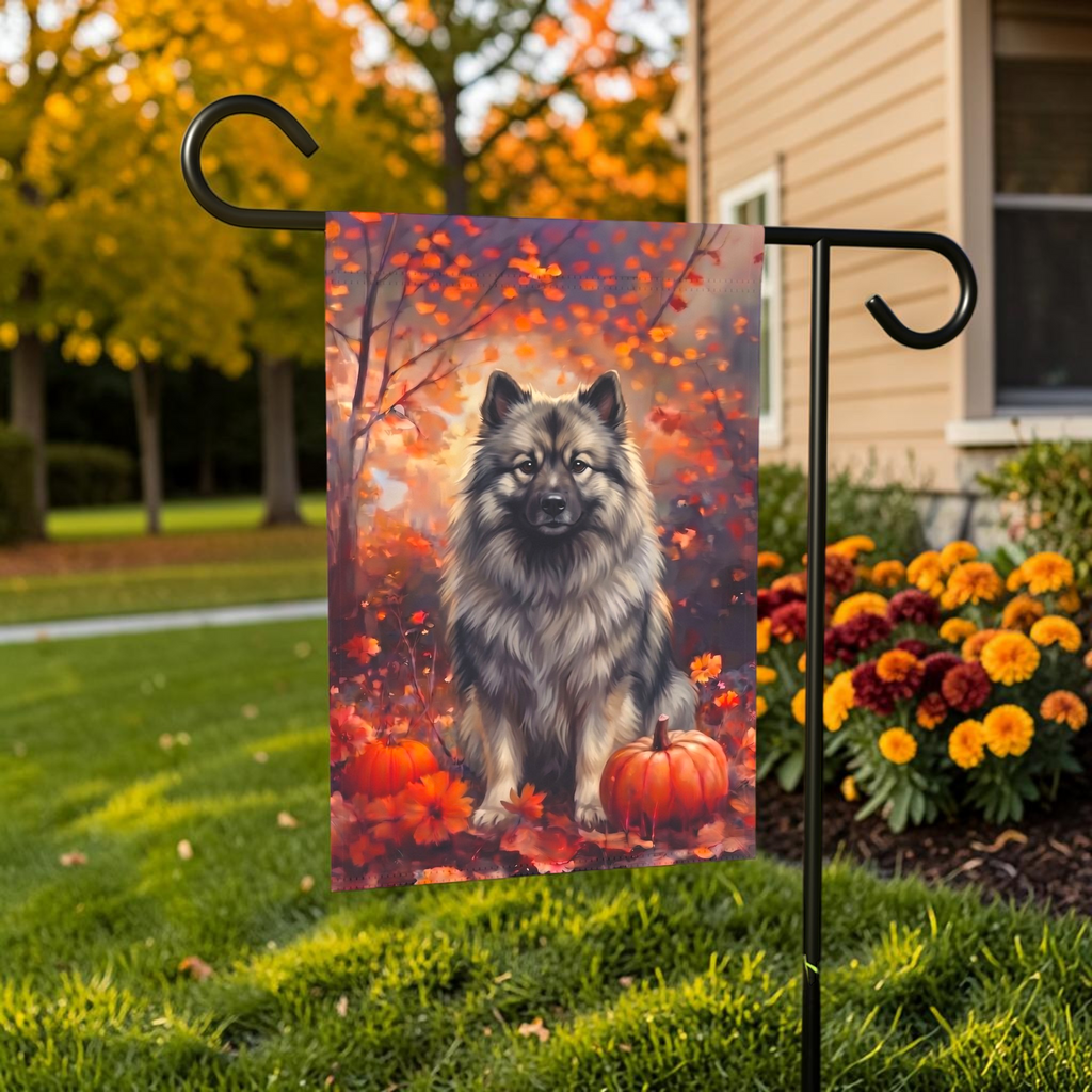 Fall Keeshond With Pumpkins Autumn Garden Flag