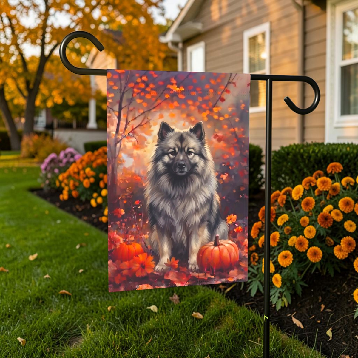 Fall Keeshond With Pumpkins Autumn Garden Flag