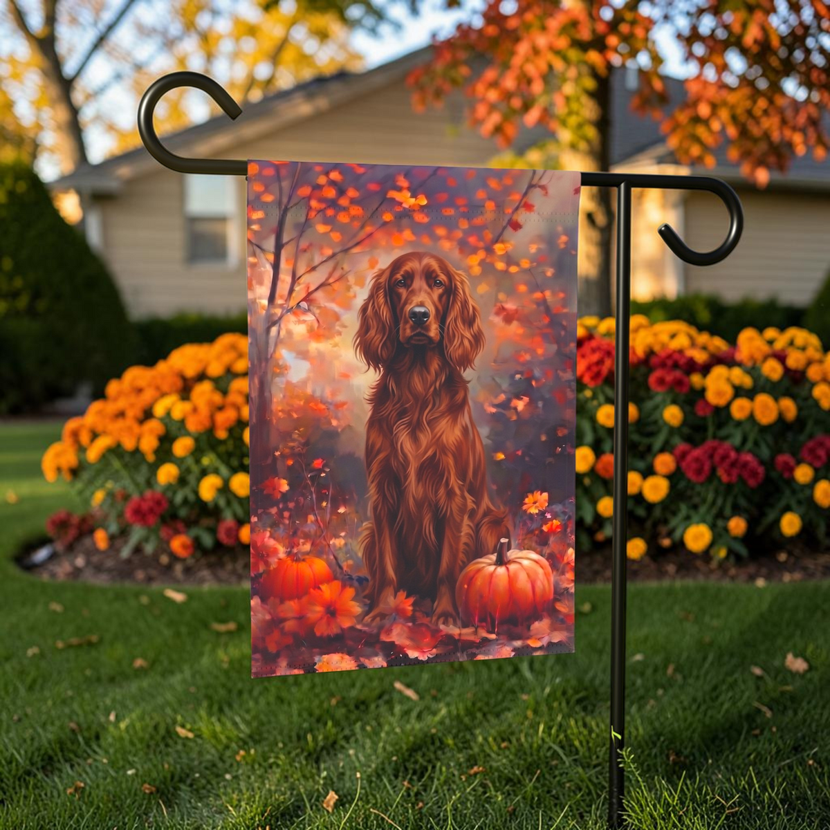 Fall Irish Setter With Pumpkins Autumn Garden Flag