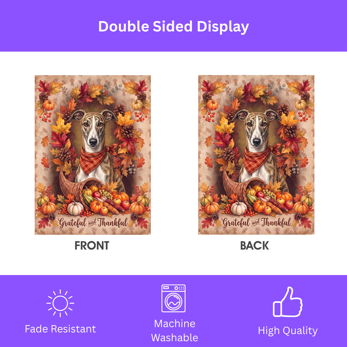 Grateful and Thankful Greyhound Thanksgiving Garden Flag