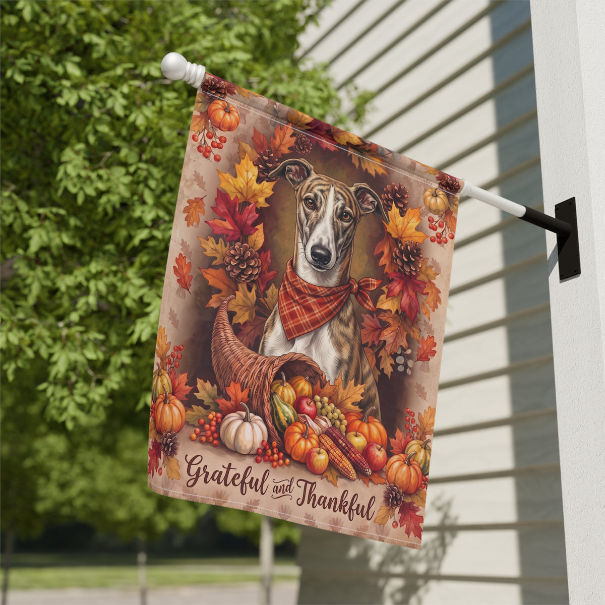 Grateful and Thankful Greyhound Thanksgiving Garden Flag