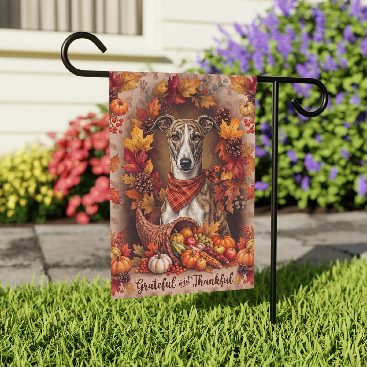 Grateful and Thankful Greyhound Thanksgiving Garden Flag