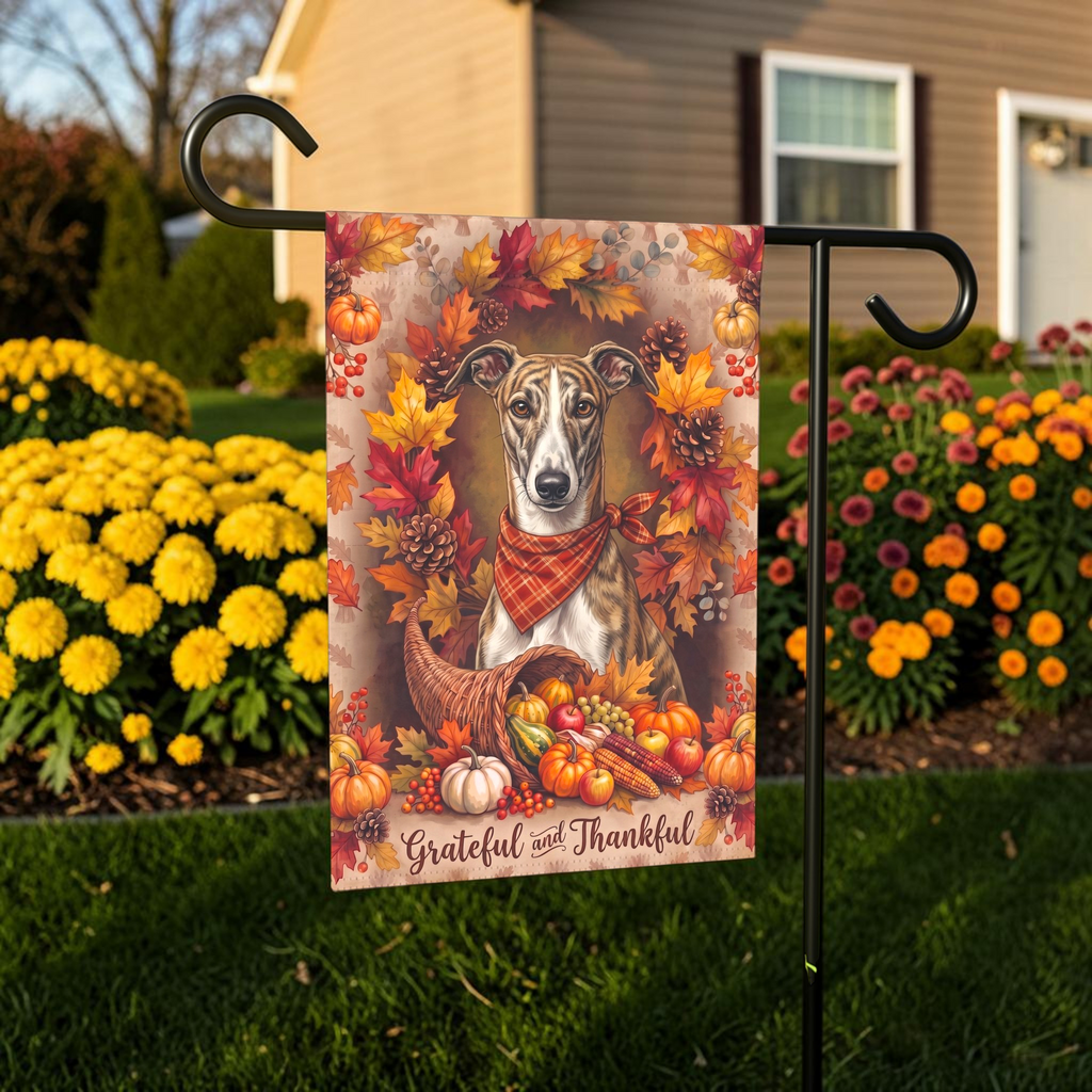 Grateful and Thankful Greyhound Thanksgiving Garden Flag