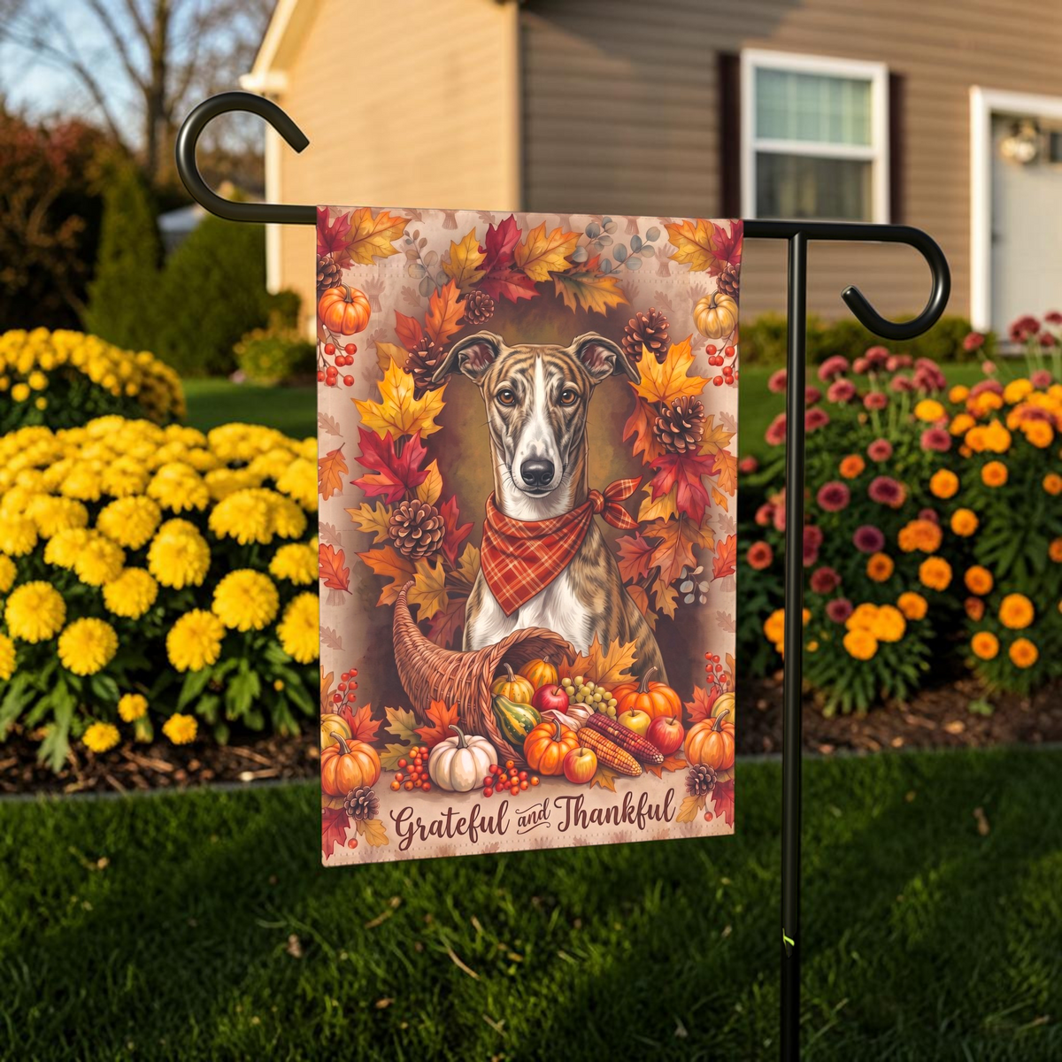 Grateful and Thankful Greyhound Thanksgiving Garden Flag