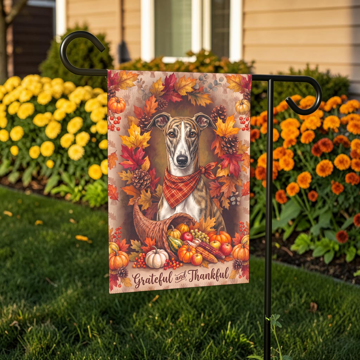Grateful and Thankful Greyhound Thanksgiving Garden Flag