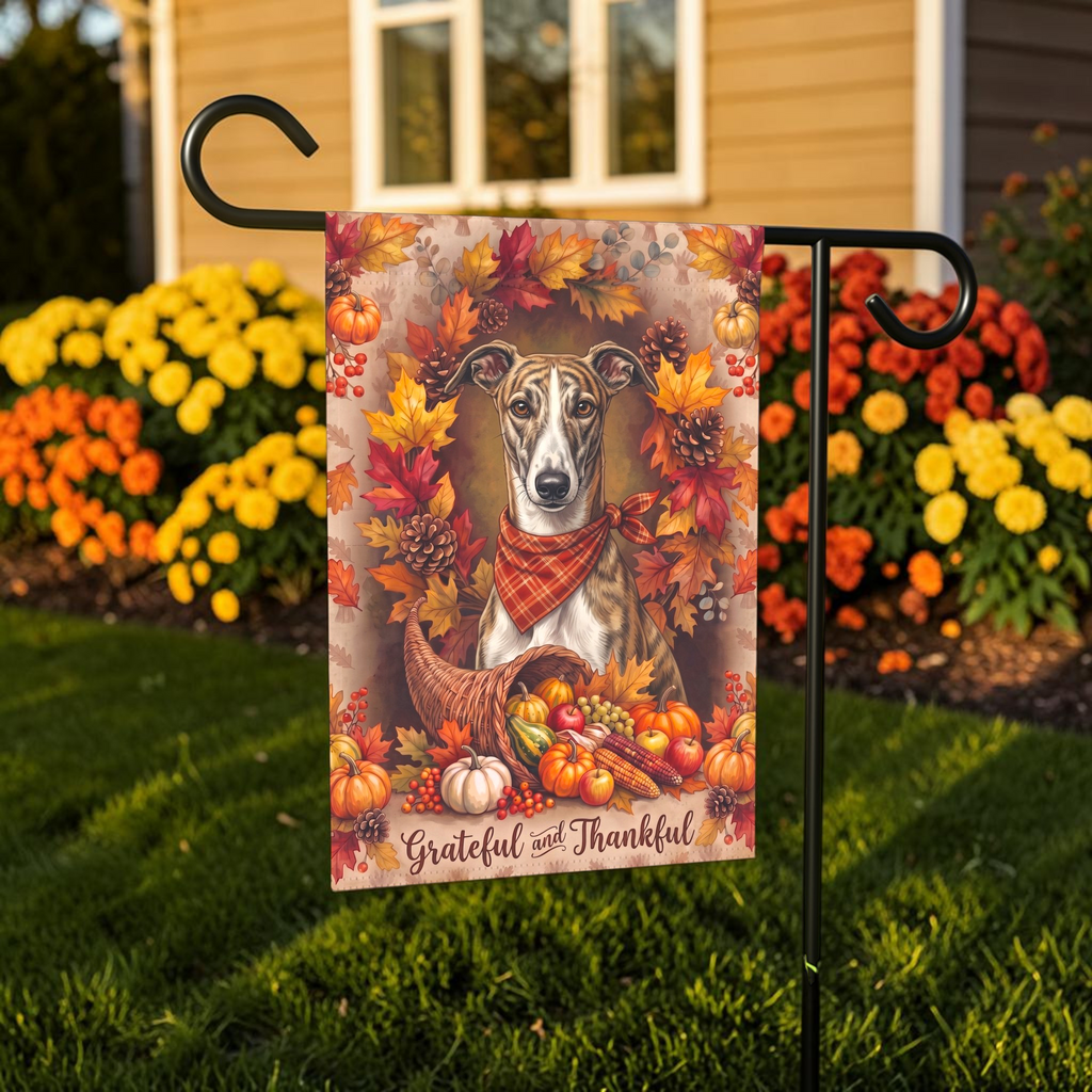 Grateful and Thankful Greyhound Thanksgiving Garden Flag