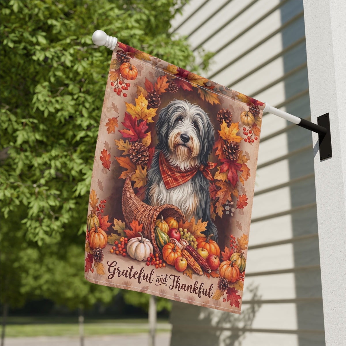 Grateful And Thankful Bearded Collie Thanksgiving Garden Flag