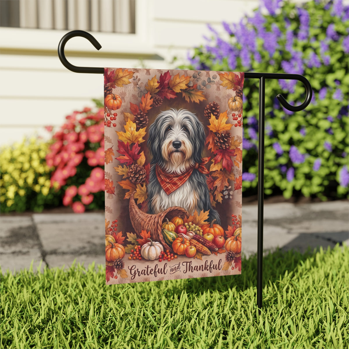 Grateful And Thankful Bearded Collie Thanksgiving Garden Flag