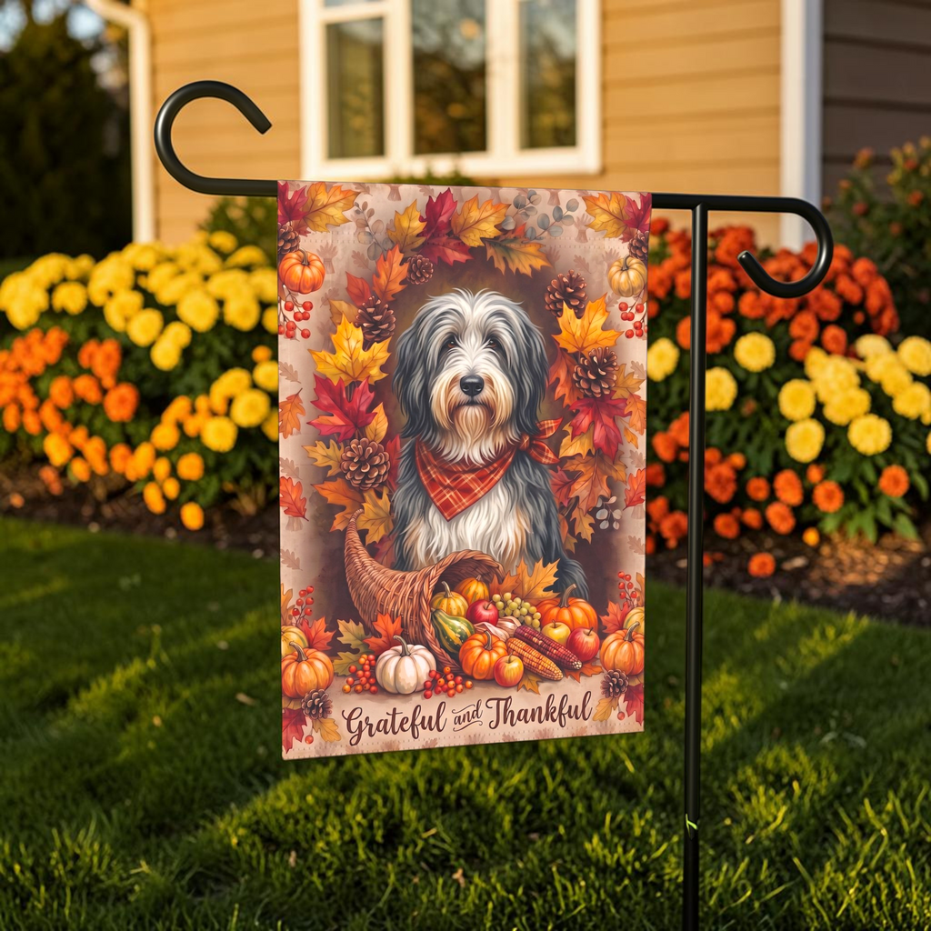 Grateful And Thankful Bearded Collie Thanksgiving Garden Flag
