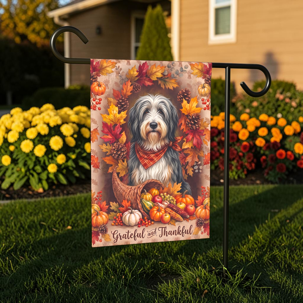 Grateful And Thankful Bearded Collie Thanksgiving Garden Flag