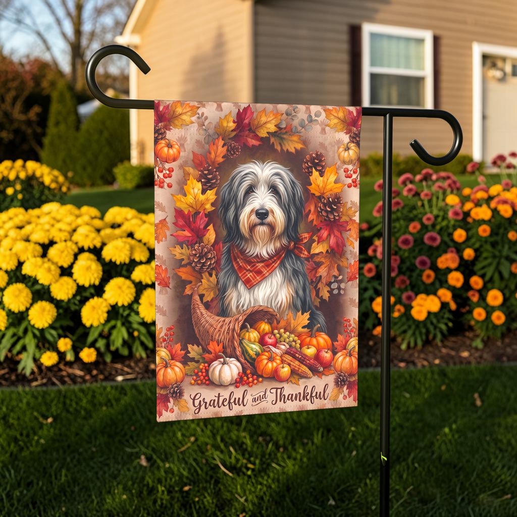 Grateful And Thankful Bearded Collie Thanksgiving Garden Flag