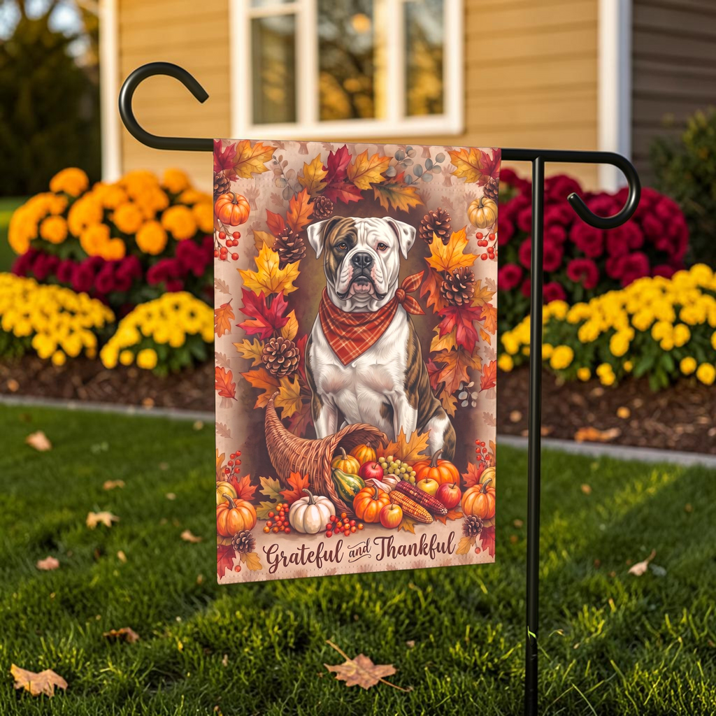Grateful And Thankful American Bulldog Thanksgiving Garden Flag