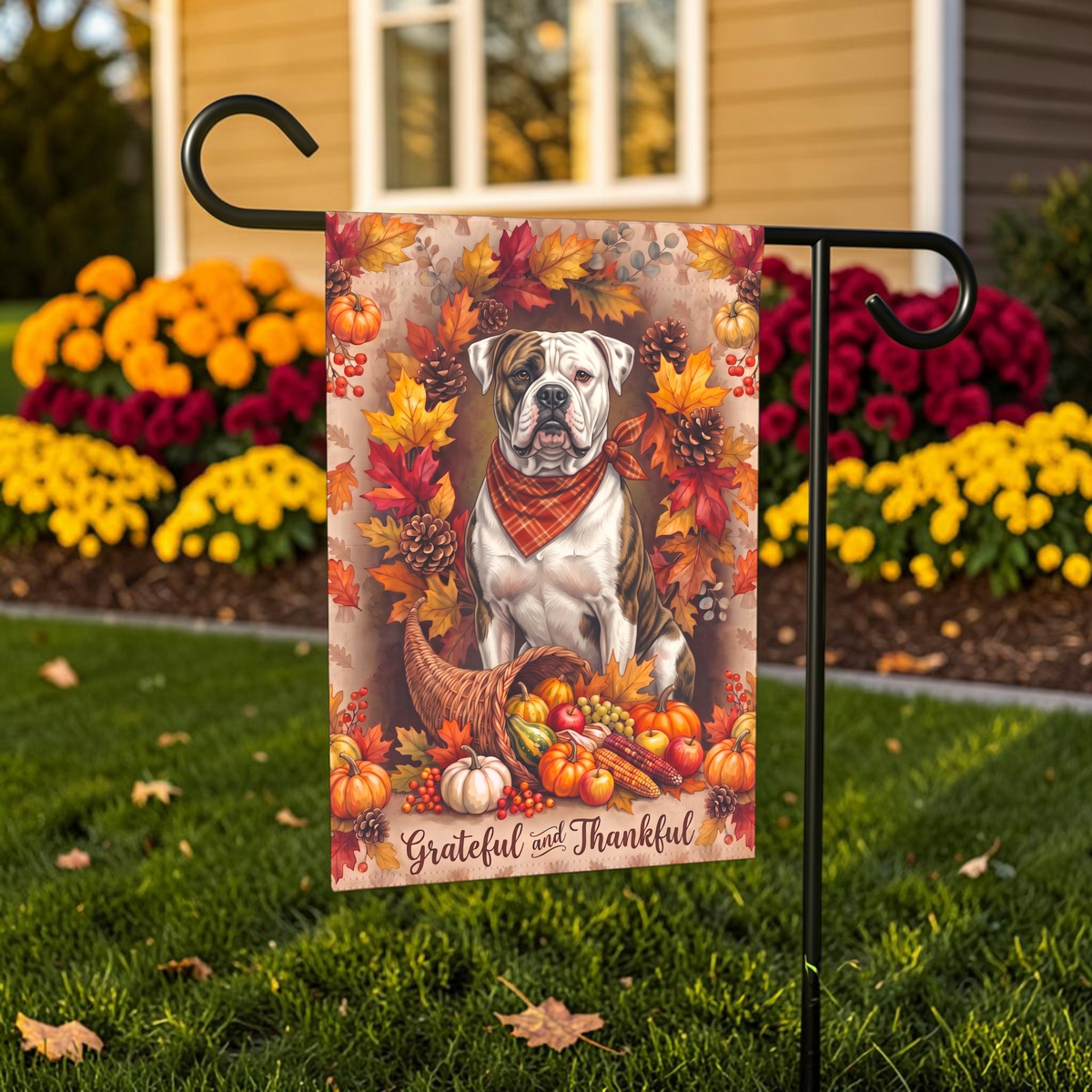 Grateful And Thankful American Bulldog Thanksgiving Garden Flag