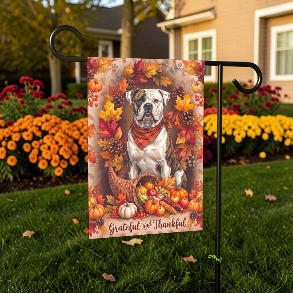 Grateful And Thankful American Bulldog Thanksgiving Garden Flag