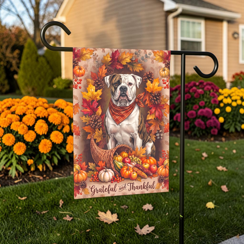 Grateful And Thankful American Bulldog Thanksgiving Garden Flag