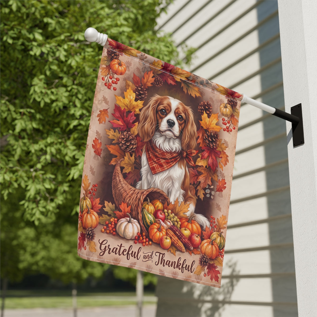 Grateful And Thankful Cavalier King Charles Thanksgiving Garden Flag