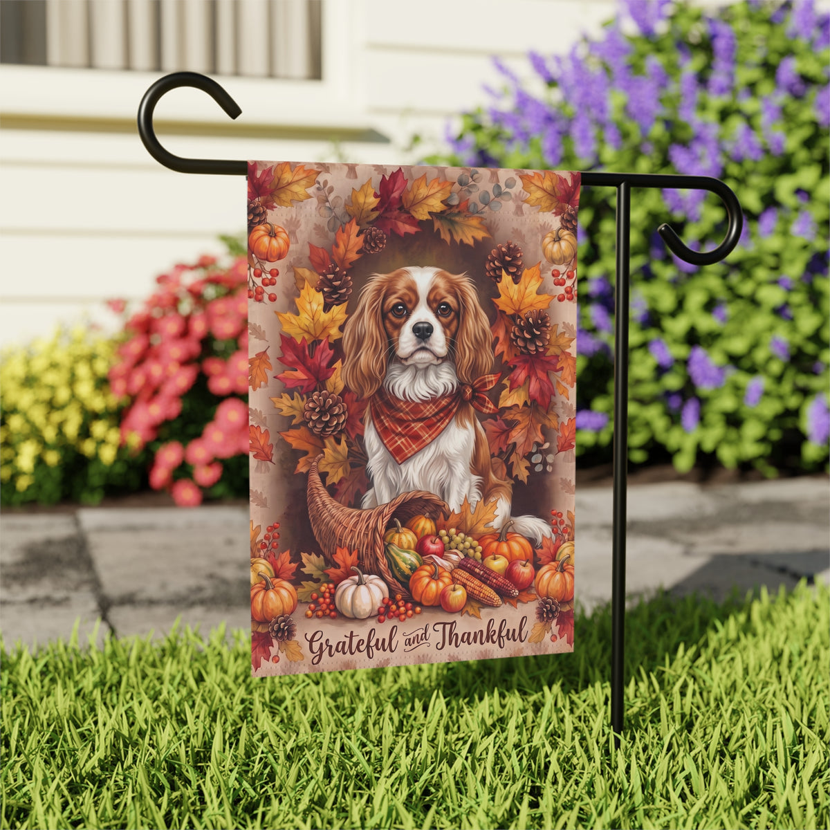 Grateful And Thankful Cavalier King Charles Thanksgiving Garden Flag