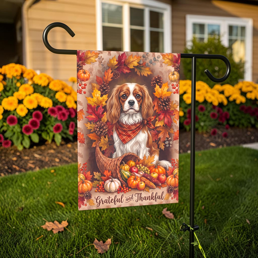Grateful And Thankful Cavalier King Charles Thanksgiving Garden Flag