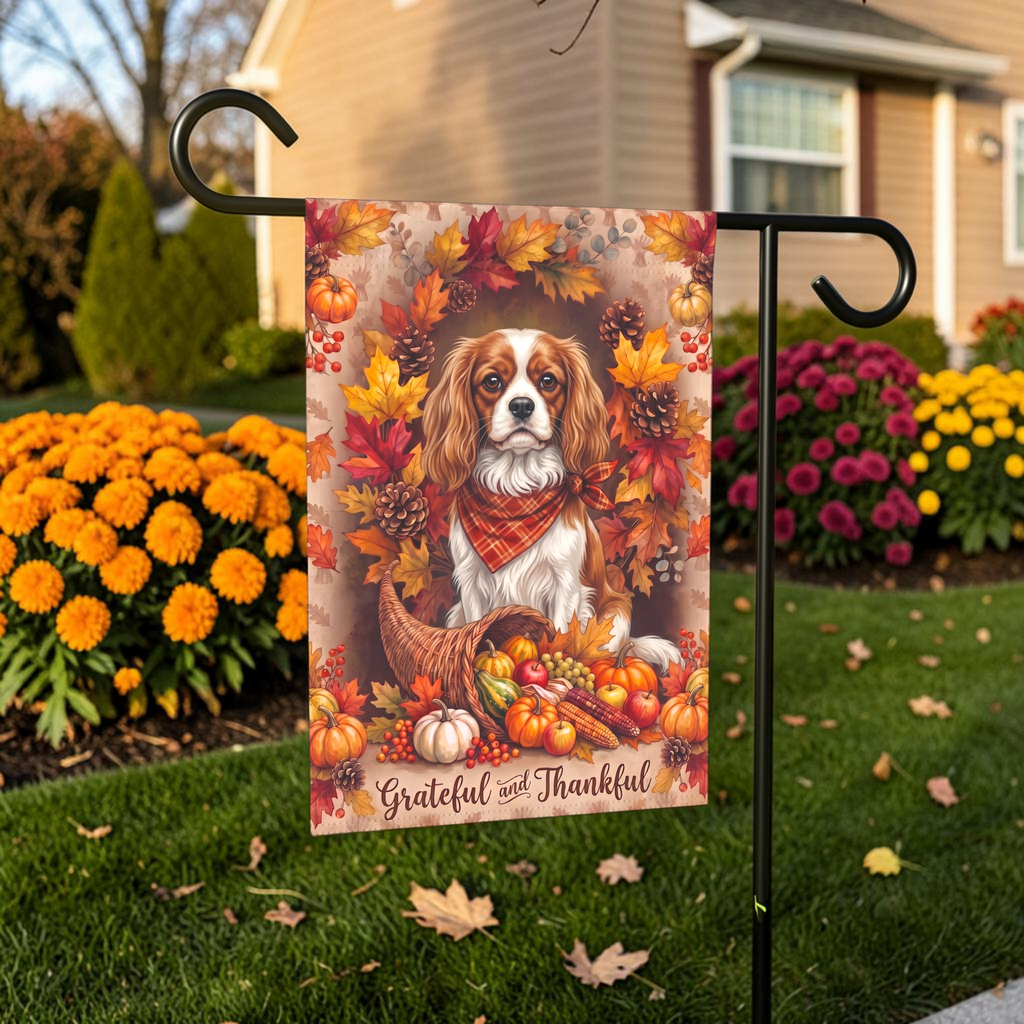 Grateful And Thankful Cavalier King Charles Thanksgiving Garden Flag
