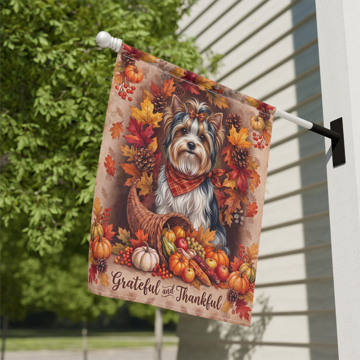 Grateful and Thankful Biewer Terrier Thanksgiving Garden Flag