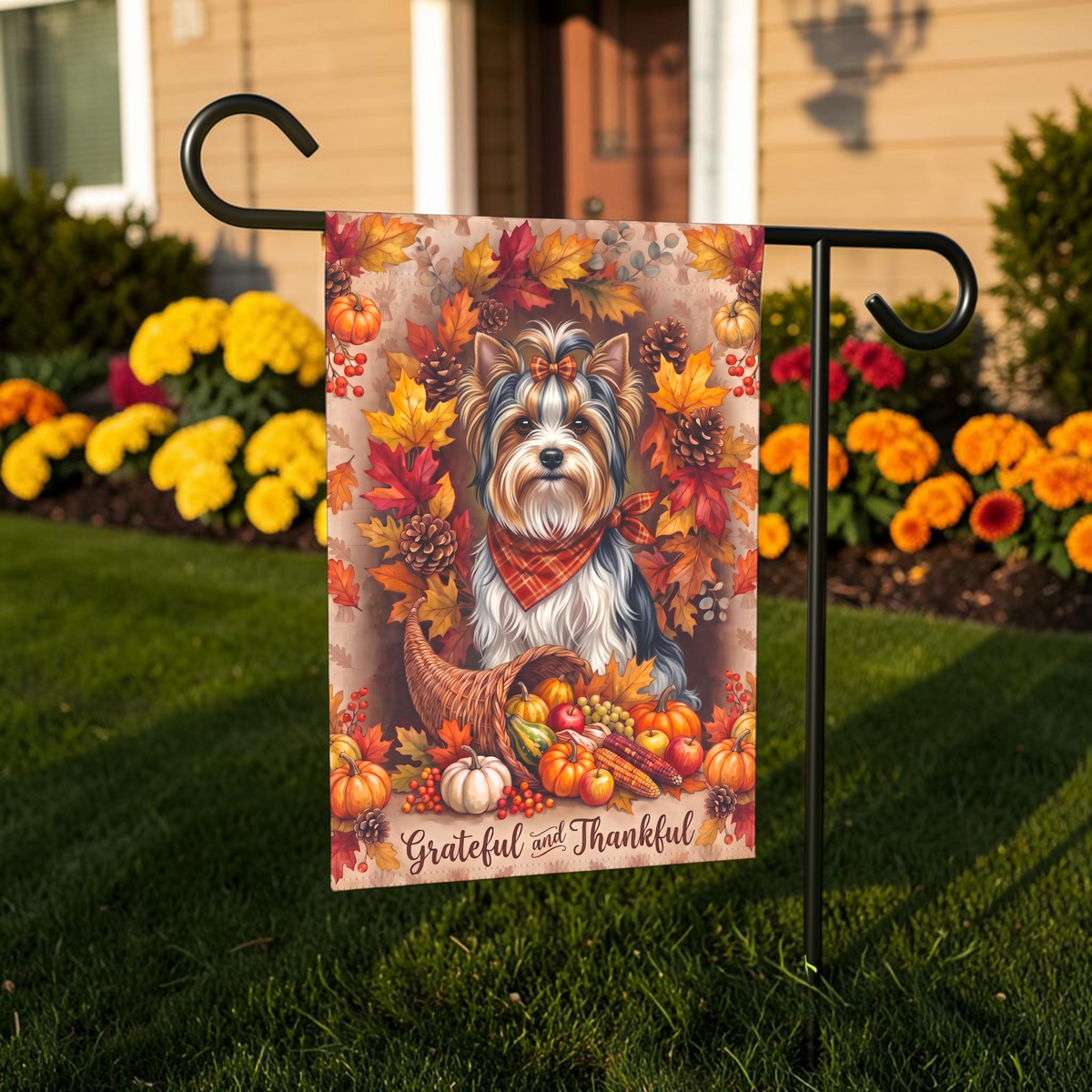 Grateful and Thankful Biewer Terrier Thanksgiving Garden Flag