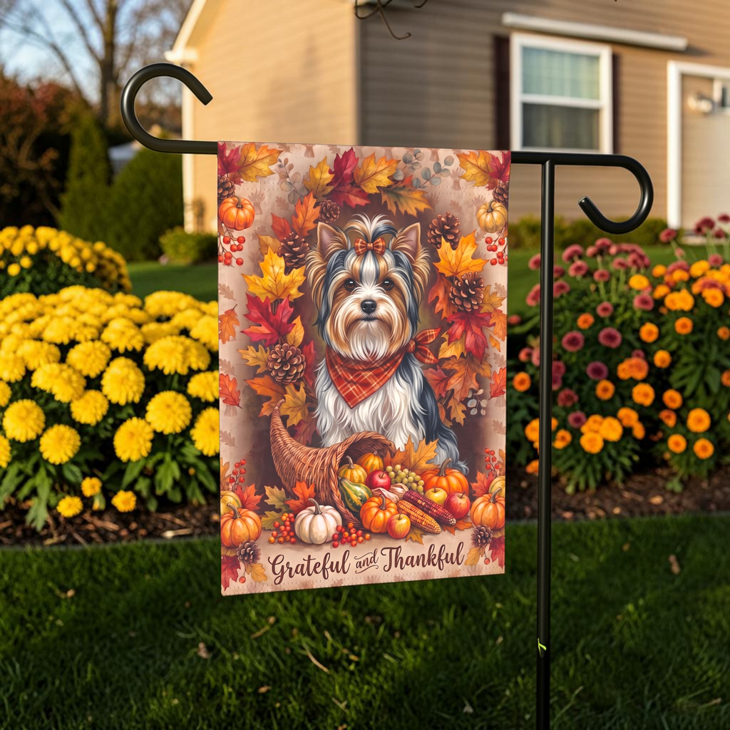 Grateful and Thankful Biewer Terrier Thanksgiving Garden Flag