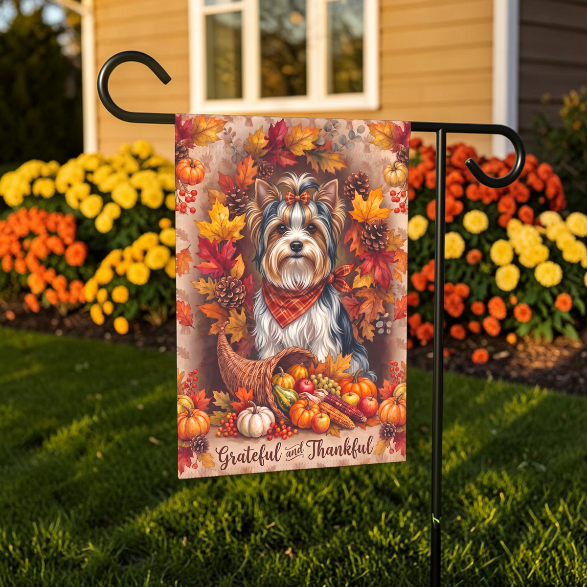 Grateful and Thankful Biewer Terrier Thanksgiving Garden Flag