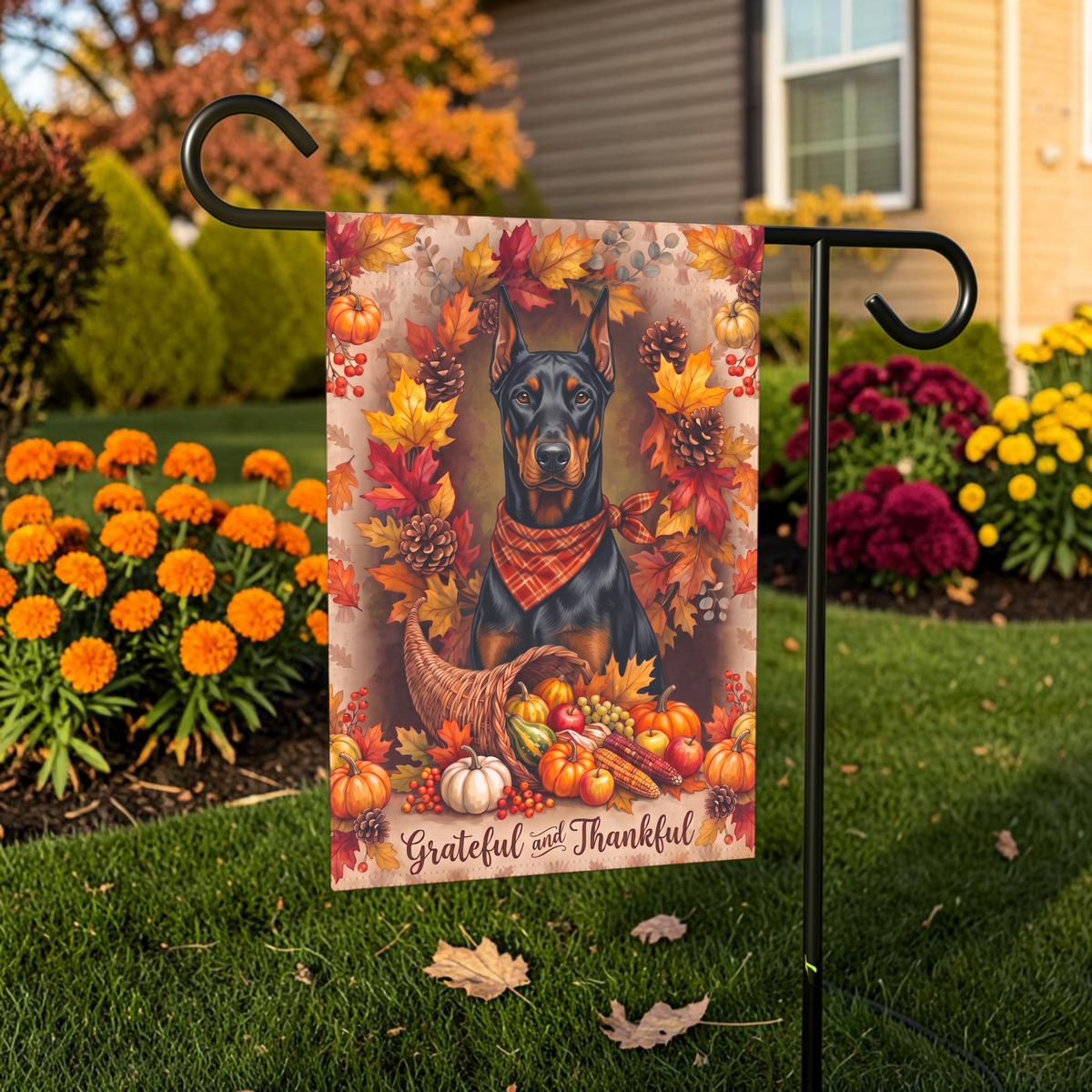 Grateful And Thankful Doberman Pinscher Thanksgiving Garden Flag