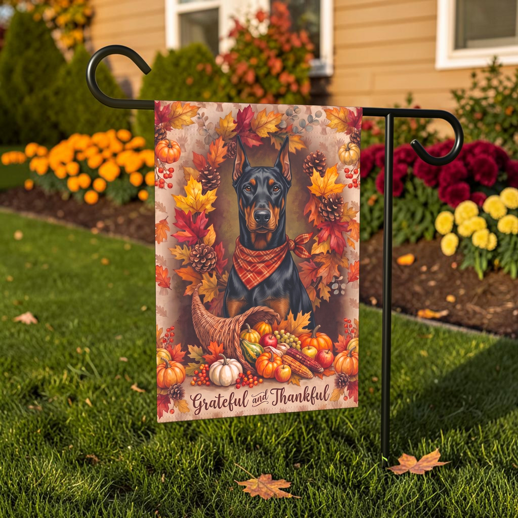 Grateful And Thankful Doberman Pinscher Thanksgiving Garden Flag