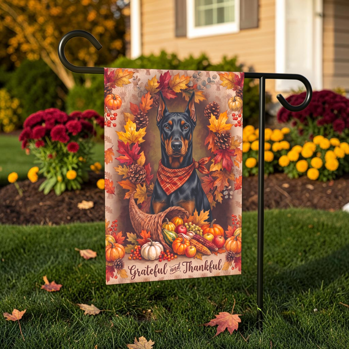 Grateful And Thankful Doberman Pinscher Thanksgiving Garden Flag