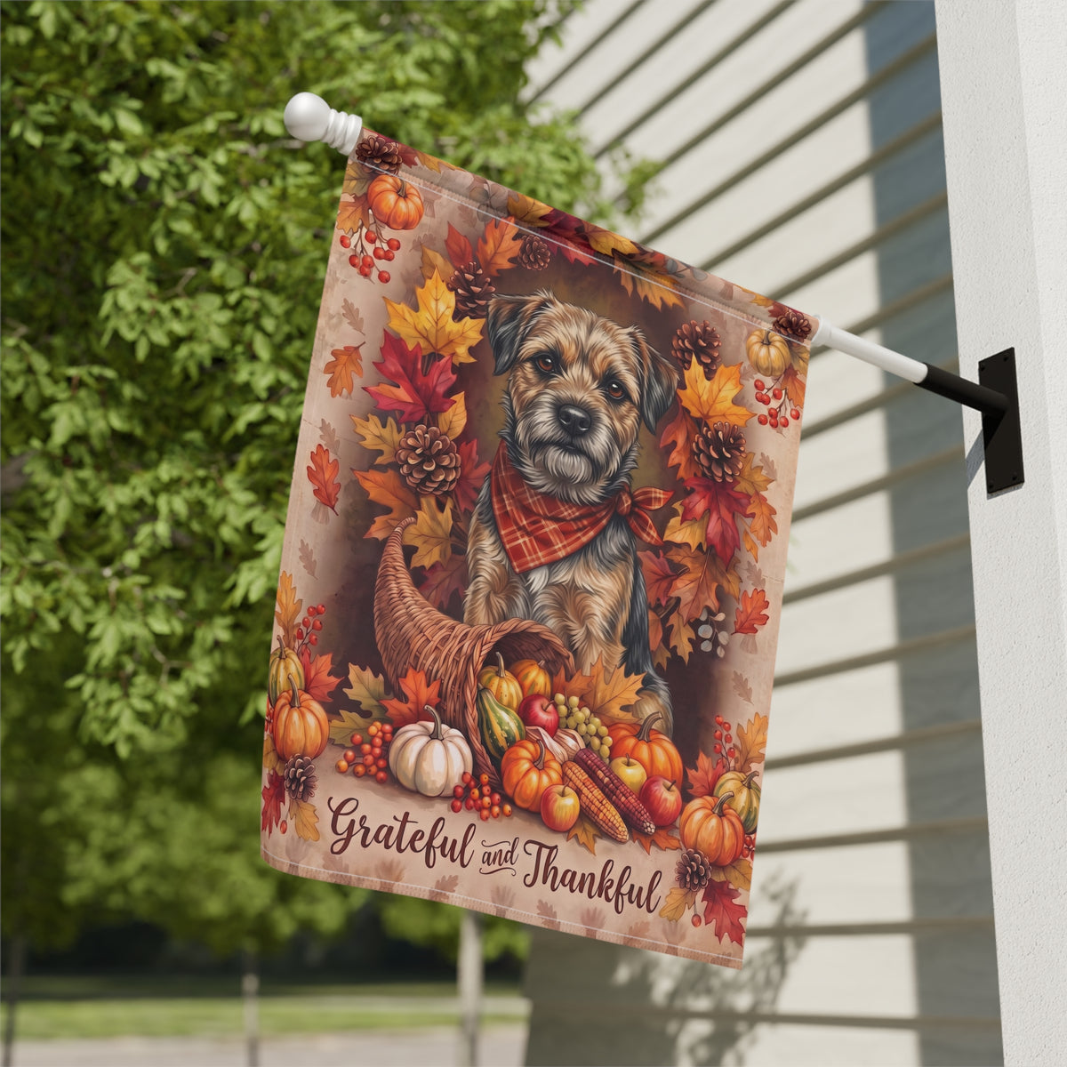 Grateful and Thankful Border Terrier Thanksgiving Garden Flag